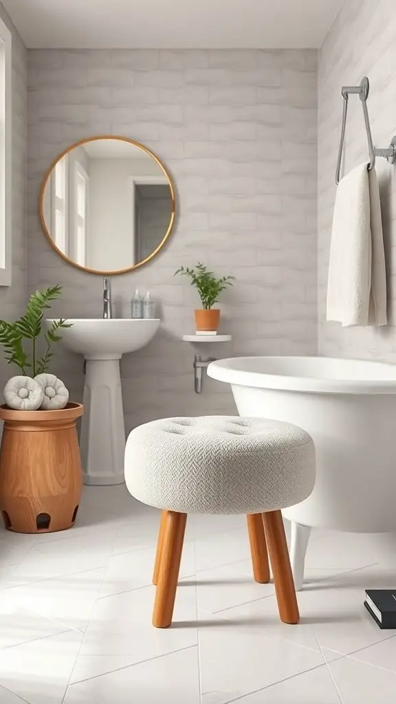 27+ Chic Bathroom Stool Styling Ideas to Elevate Your Space 6 A cozy bathroom with a textured fabric stool, potted plants, and a stylish mirror.