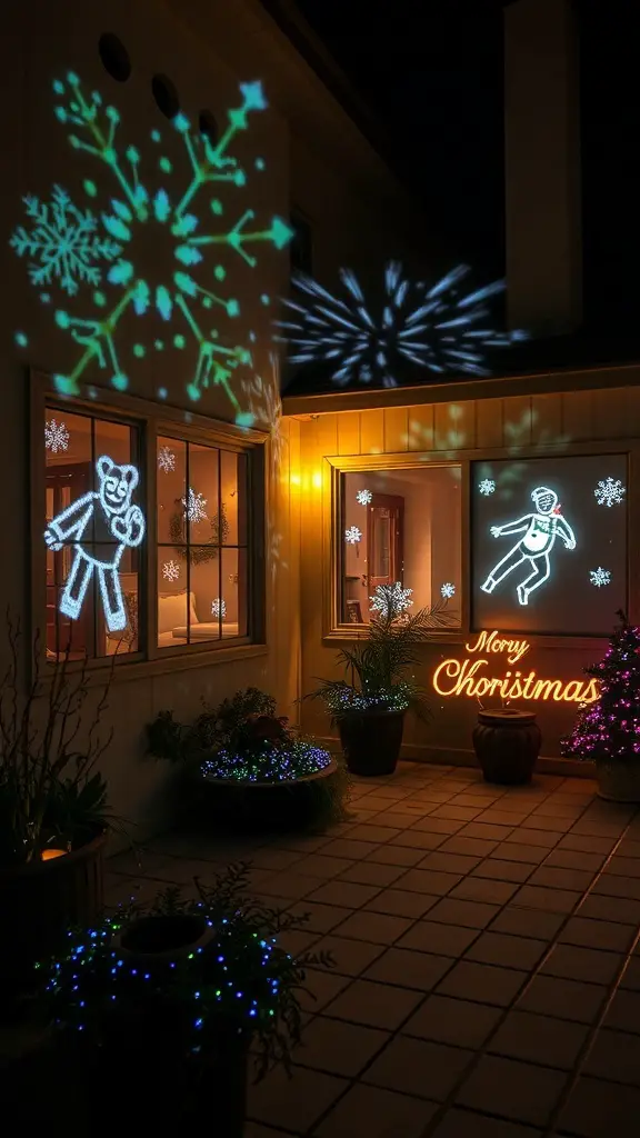A festive display of projector lights featuring snowflakes and cheerful characters on a home exterior.