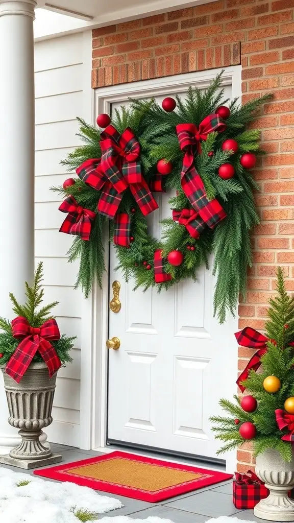 25+ Festive Christmas Swags Ideas for Your Front Door 15 A front door decorated with a bold red and green plaid swag, featuring a wreath with ornaments and bows, alongside matching planters.