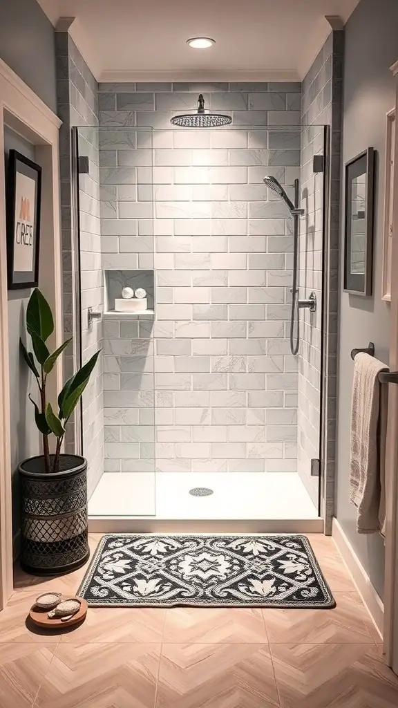 25+ Inspiring Small Walk-In Shower Ideas to Maximize Your Space 12 Stylish black and white shower mat in a modern walk-in shower