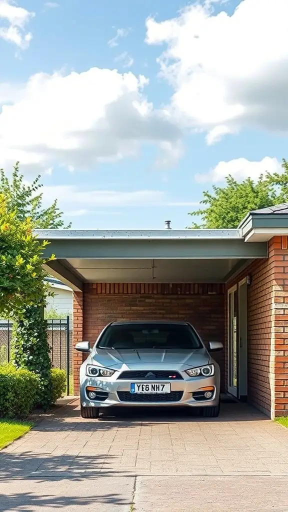 25+ Stylish Carport Ideas to Enhance Your Garage Front 4 A modern carport in front of a garage with a silver car parked underneath.