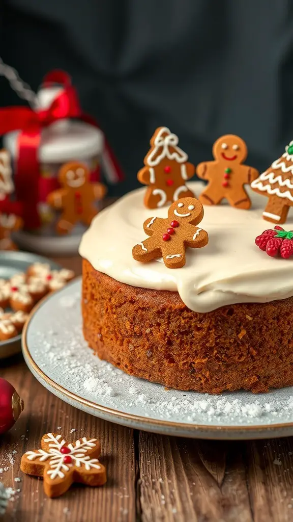 A gingerbread cake topped with cream cheese frosting and decorated with gingerbread men and festive designs.