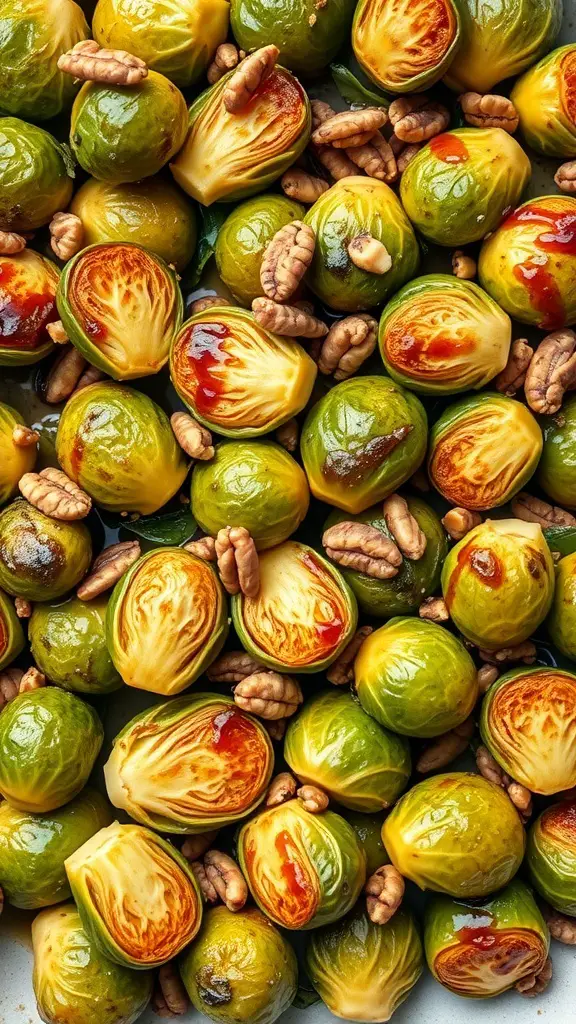 25+ Must-Have Dishes for Your Christmas Dinner Buffet 5 A close-up of roasted Brussels sprouts with a balsamic glaze and walnuts.