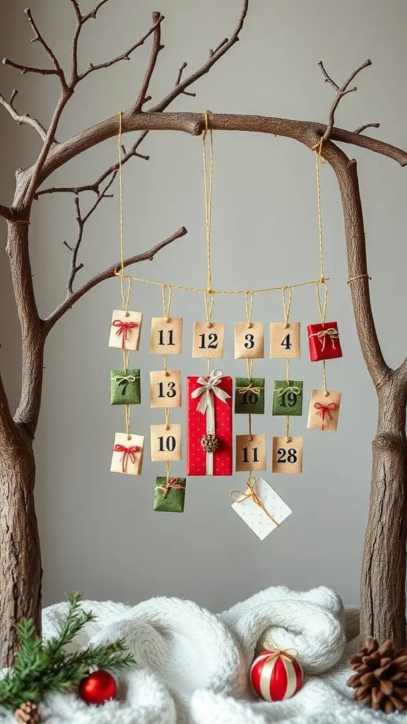 A rustic tree branch advent calendar with numbered gift packages hanging from it.