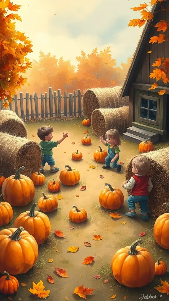 Children playing in a pumpkin patch surrounded by pumpkins and hay bales.