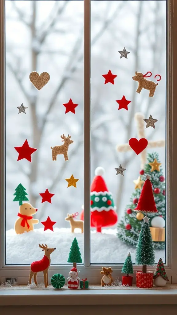 23+ Stunning Christmas Window Decorations to Brighten Your Home 15 Colorful felt Christmas decorations on a window, featuring reindeer, stars, and trees.