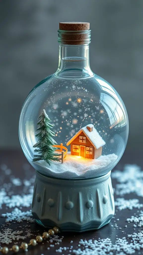 A recycled bottle snow globe featuring a small house and a tree, surrounded by snowflakes.