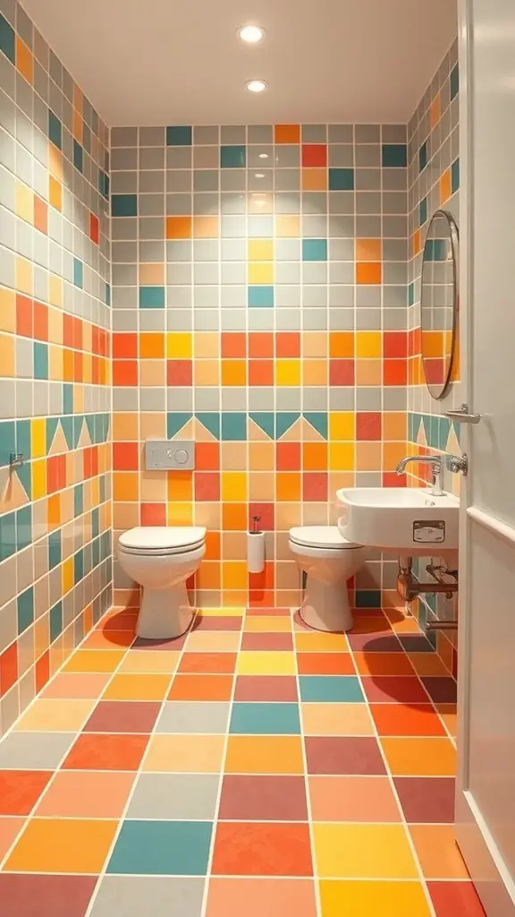29+ Stunning Powder Room Ideas to Elevate Your Space 11 A colorful powder room with bold tile choices in various patterns and colors.