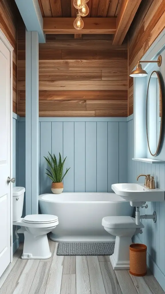 29+ Stunning Blue Bathroom Ideas You’ll Love 10 A rustic bathroom featuring blue wood accents, wooden walls, a bathtub, and modern fixtures.