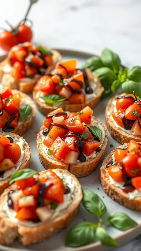 A plate of homemade bruschetta topped with diced tomatoes, basil, and balsamic glaze.