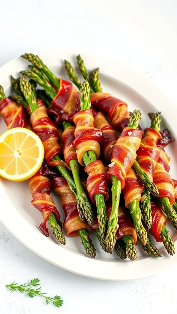 A plate of bacon-wrapped asparagus spears garnished with lemon slices.