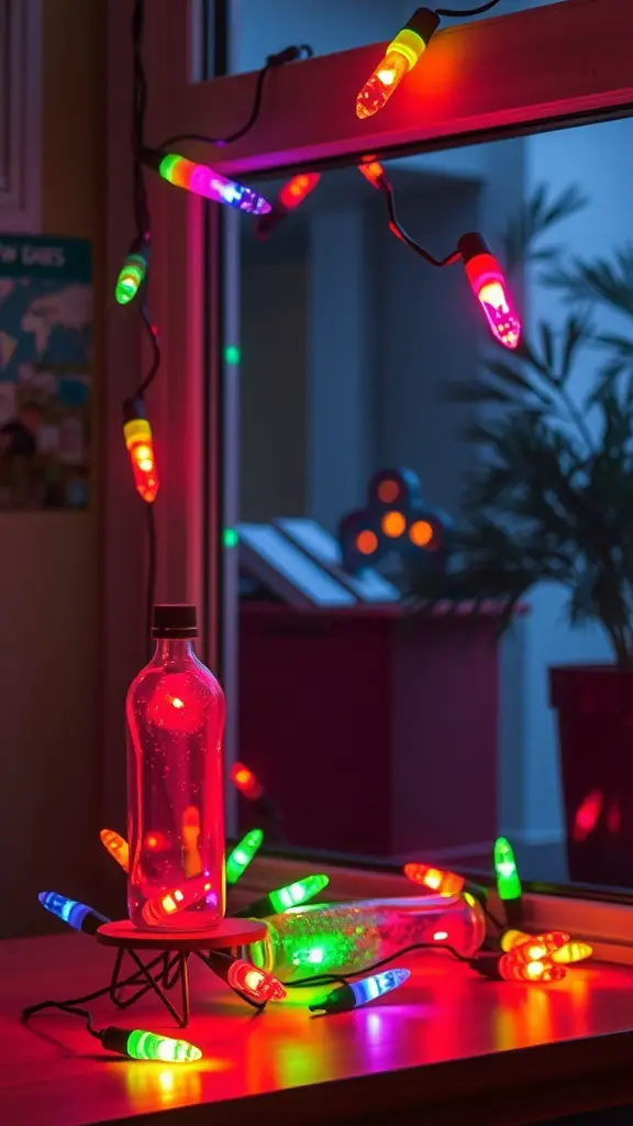 A display of colorful Christmas lights with a recycled bottle in the foreground.
