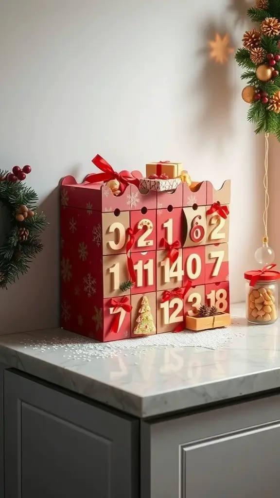 A decorative advent calendar with numbered drawers, set on a countertop, surrounded by festive decor.