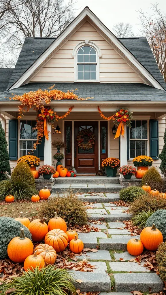 A beautifully decorated house for fall with pumpkins and flowers.