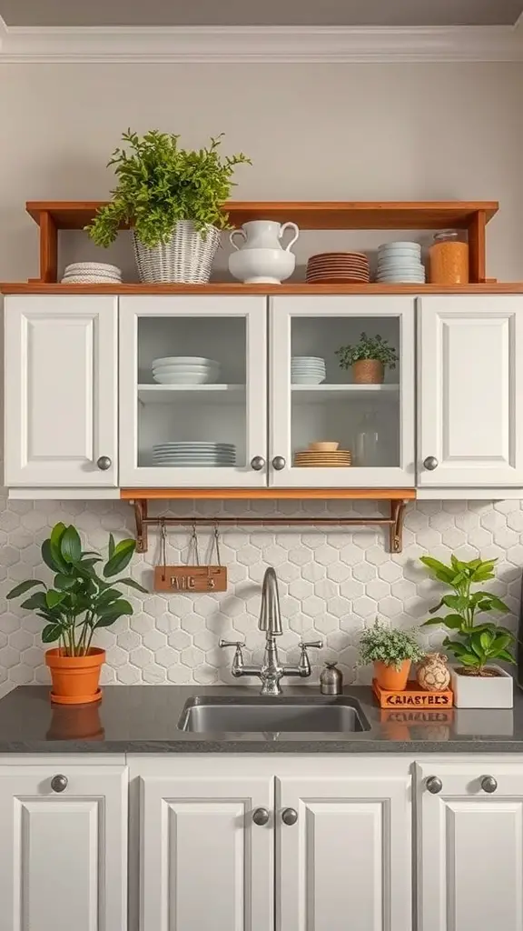 25+ Stunning Antique White Kitchen Cabinets for Timeless Style 5 Open shelving above antique white kitchen cabinets with decorative items and plants