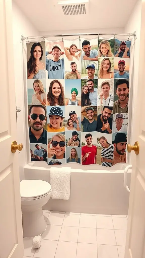 A colorful shower curtain featuring a collage of smiling faces in a small bathroom.