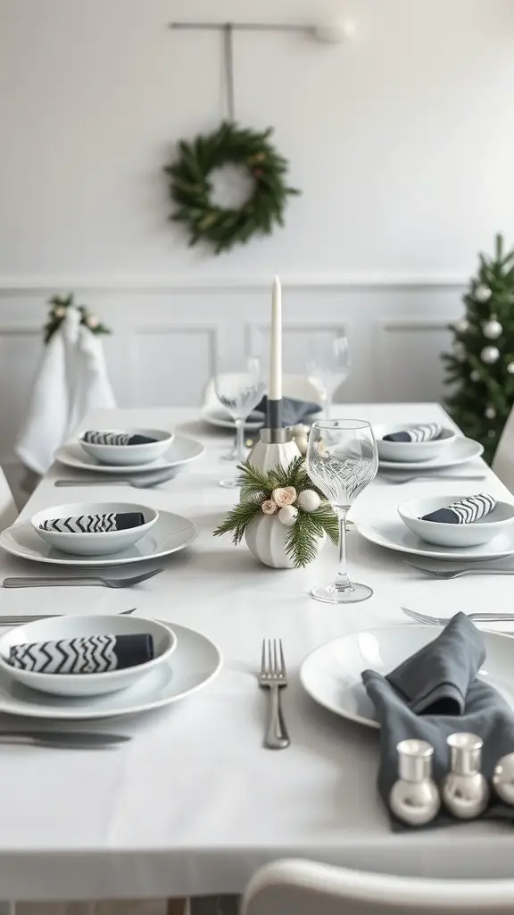 Minimalist monochrome Christmas table setting with white plates, grey napkins, and a candle centerpiece.