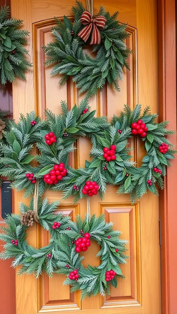 A collection of festive wreaths with red berries and greenery hanging on a wooden door.