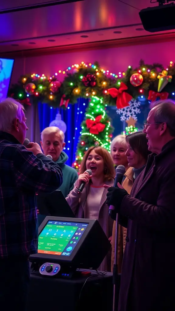 A group of people singing karaoke during a festive Christmas gathering.