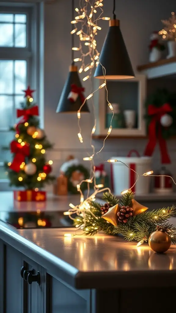 A cozy kitchen countertop decorated with twinkling string lights and holiday decor.