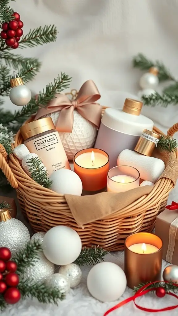 A beautifully arranged holiday spa gift basket with candles, lotions, and decorative elements.