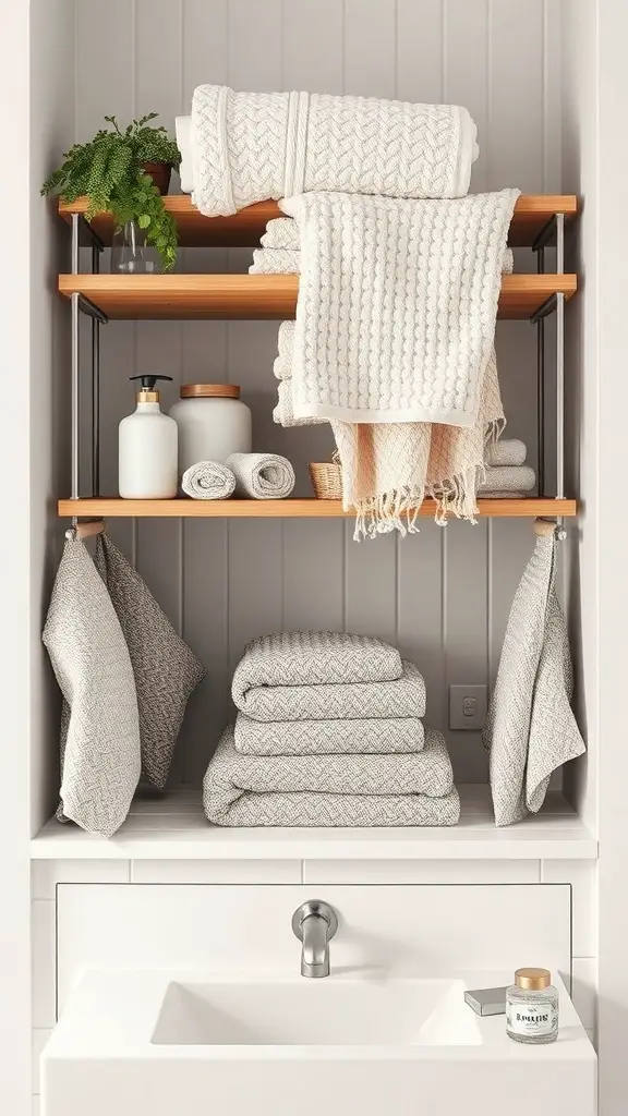 29+ Inspiring Boho Bathroom Shelf Decor Ideas to Transform Your Space 13 A stylish bathroom shelf with neatly arranged textured towels and a plant.