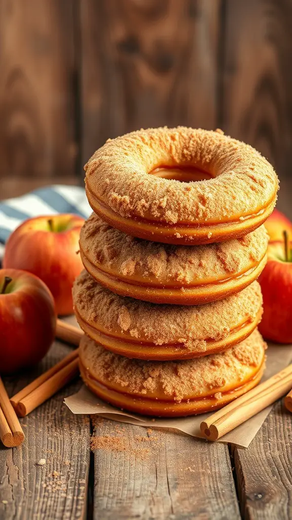 27+ Delightful Thanksgiving Desserts You Need to Try 16 A stack of apple cider donuts with a cinnamon sugar coating, surrounded by fresh apples and cinnamon sticks.