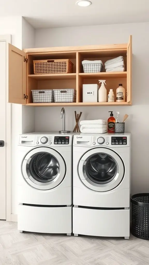 25+ Stunning Laundry Room Cabinet Ideas for a Chic and Organized Space 8 A modern laundry room featuring a cabinet above two washing machines, with organized shelves and baskets.