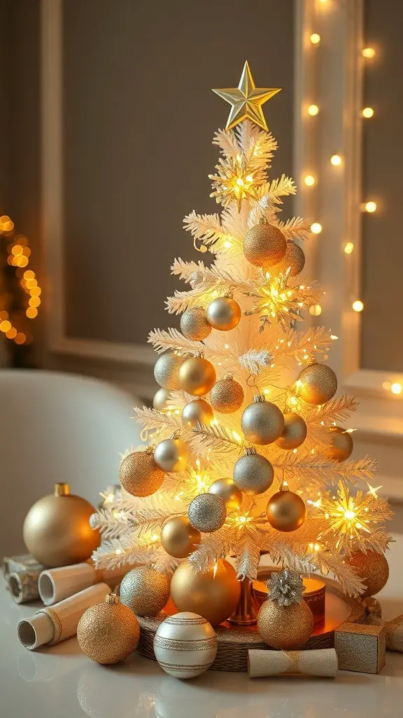 27+ Adorable Tabletop Christmas Tree Ideas for Your Holiday Decor 4 A beautifully decorated tabletop Christmas tree with gold and silver ornaments, warm lights, and a golden star on top.