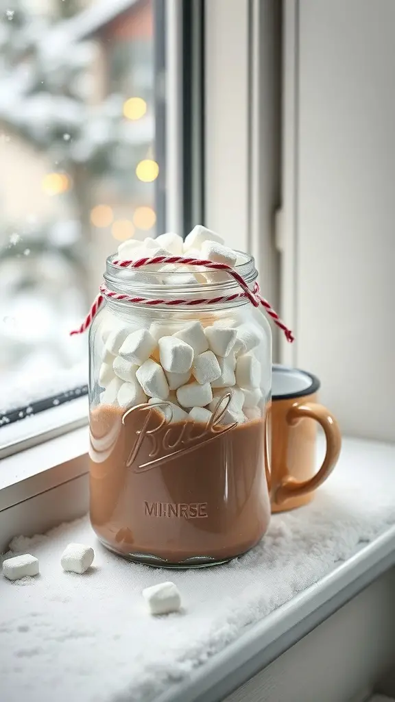 29+ Creative Christmas Stocking Ideas to Delight Everyone 5 A jar filled with hot chocolate mix and marshmallows, sitting on a windowsill with a cozy winter background.