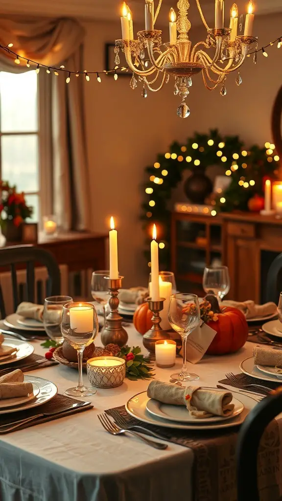 A beautifully set Thanksgiving table with a chandelier, candles, and pumpkins, creating a warm and inviting atmosphere.
