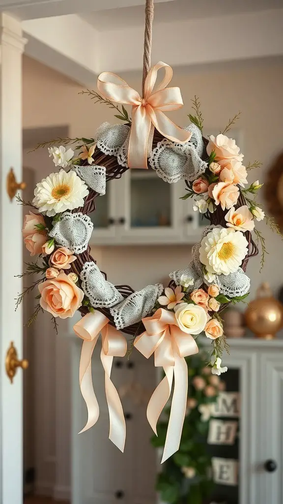 A vintage-style wreath with pastel flowers, lace, and ribbons, hanging decoratively.