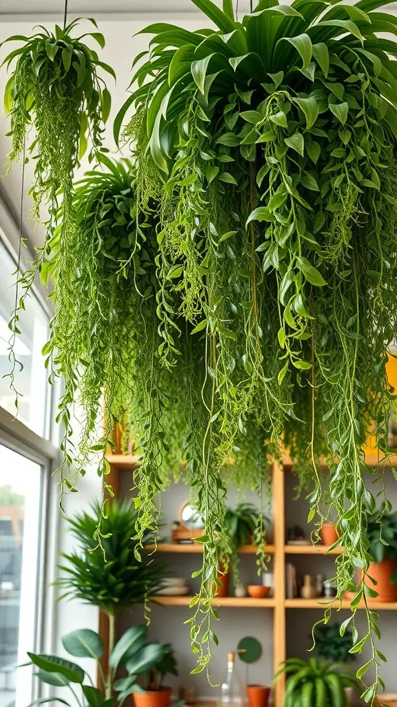 27+ Creative Ceiling Decoration Ideas for Every Room 9 Lush hanging plants with cascading leaves in a bright room.