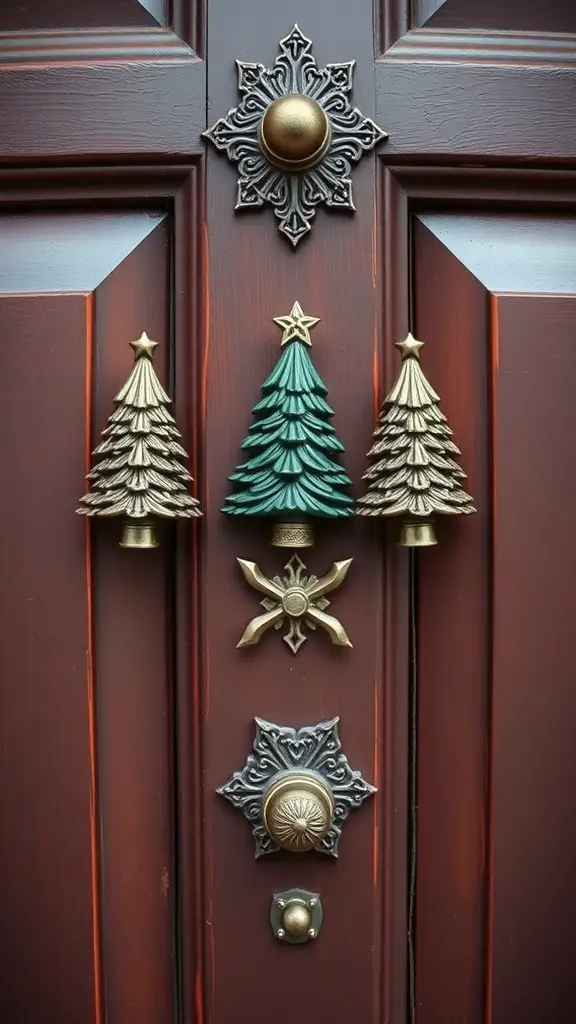 29+ Creative Christmas Doorway Decorations to Brighten Your Holiday Season 14 Decorative Christmas themed door knobs featuring colorful trees and intricate designs.