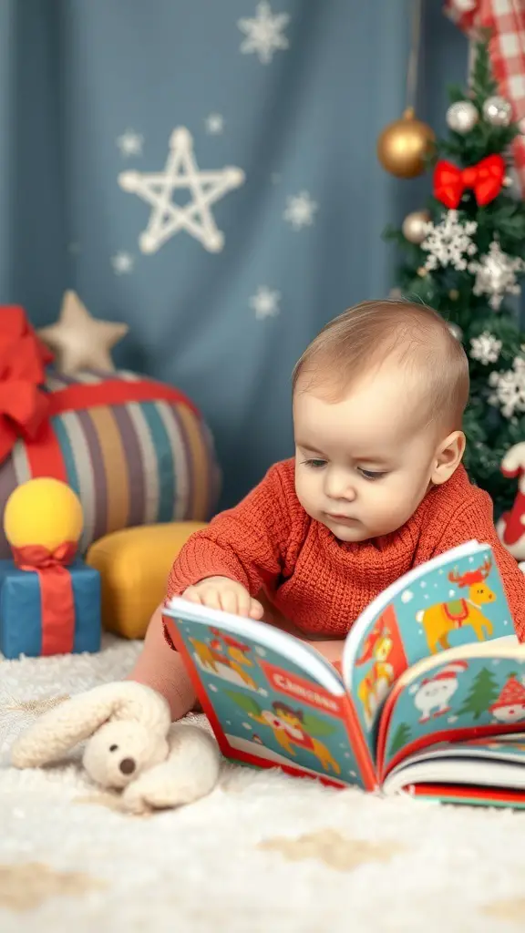 29+ Fun Christmas Activities for Babies to Celebrate the Holiday Season 14 A baby reading a colorful Christmas storybook in a cozy holiday setting.