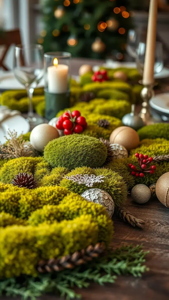 A beautifully arranged table decor featuring moss, lichen, candles, and ornaments for a woodland Christmas theme.