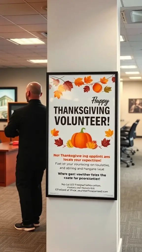 A sign promoting Thanksgiving volunteer opportunities with a pumpkin and autumn leaves design.