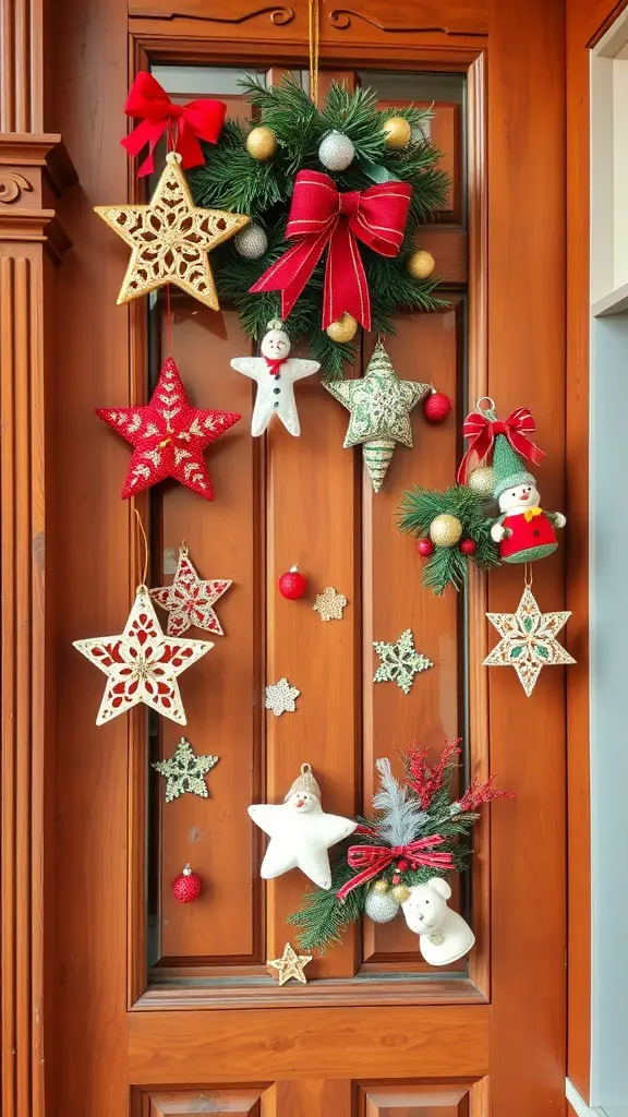 29+ Creative Christmas Doorway Decorations to Brighten Your Holiday Season 6 A decorated Christmas door featuring a wreath, stars, and ornaments.