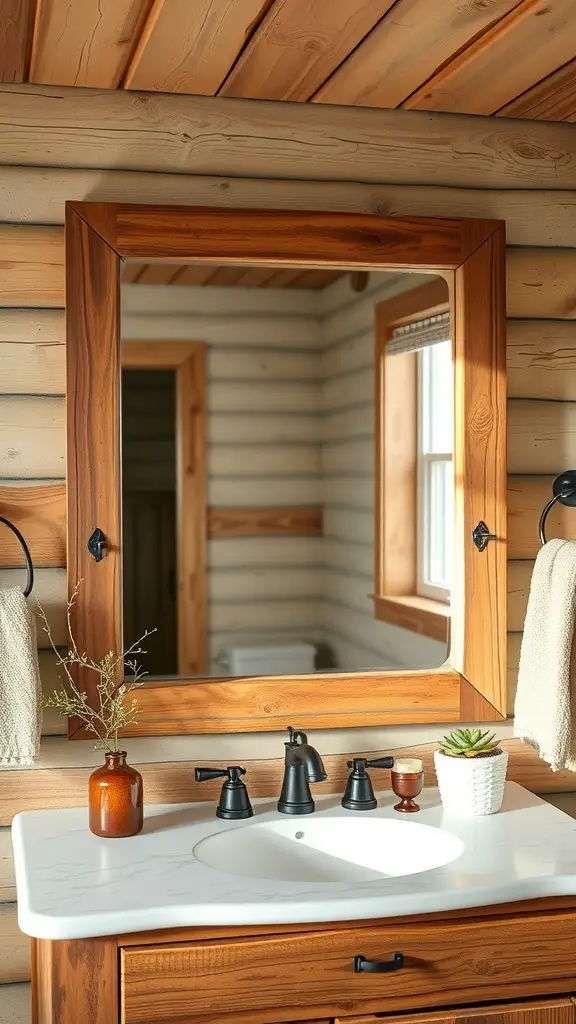 27+ Stylish Vanity Mirror Ideas to Elevate Your Space 5 Rustic wooden framed mirror in a cozy bathroom setting