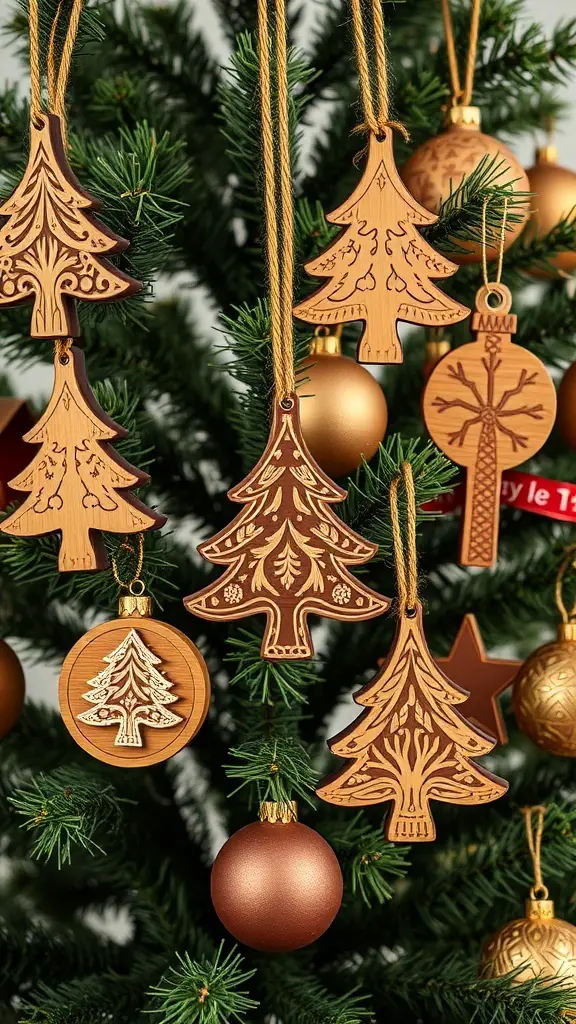 A collection of wooden tree ornaments hanging on a Christmas tree