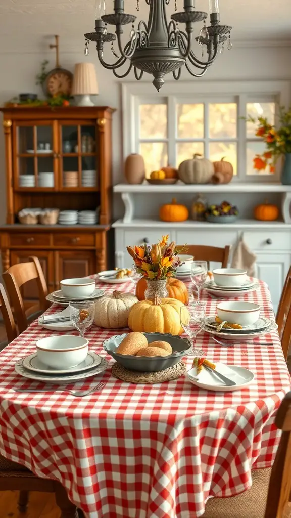 A cozy Thanksgiving dinner table setting in classic farmhouse style with a red and white checkered tablecloth, pumpkins, and simple dishware.