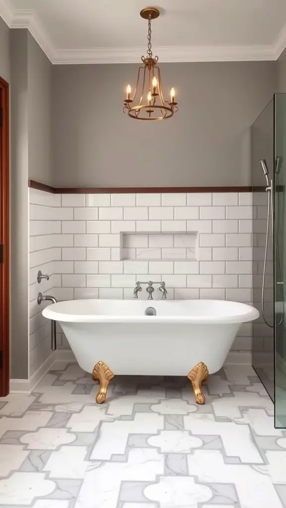 25+ Stunning Pony Wall Shower Ideas for Your Bathroom Remodel 12 A vintage-style bathroom featuring a clawfoot tub with golden feet, gray walls, white subway tiles, and a chandelier.