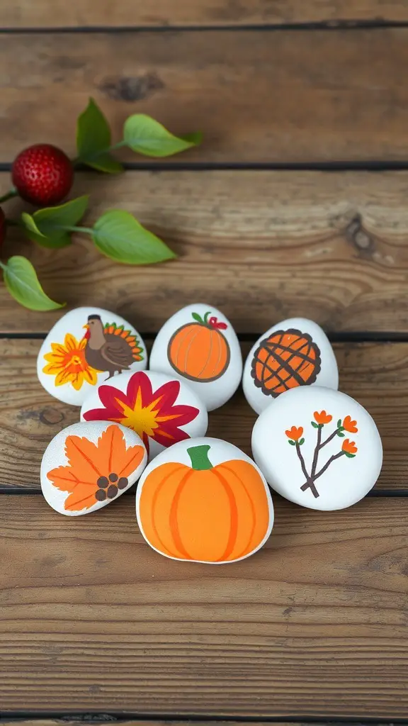 25+ Fun Thanksgiving Crafts for Kids to Make Together 10 A collection of painted stones featuring Thanksgiving themes like pumpkins, turkeys, and autumn leaves.