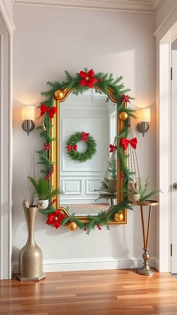 A festive mirror decorated with greenery and red bows in a holiday-themed entryway.
