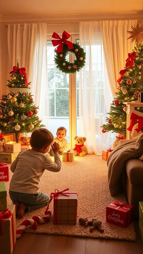 27+ Fun Christmas Activities for Toddlers 12 A toddler playing near Christmas decorations, including trees, gifts, and a cozy atmosphere.