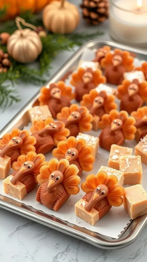 A tray of fudge turkey bites decorated to look like turkeys, surrounded by autumn decorations.