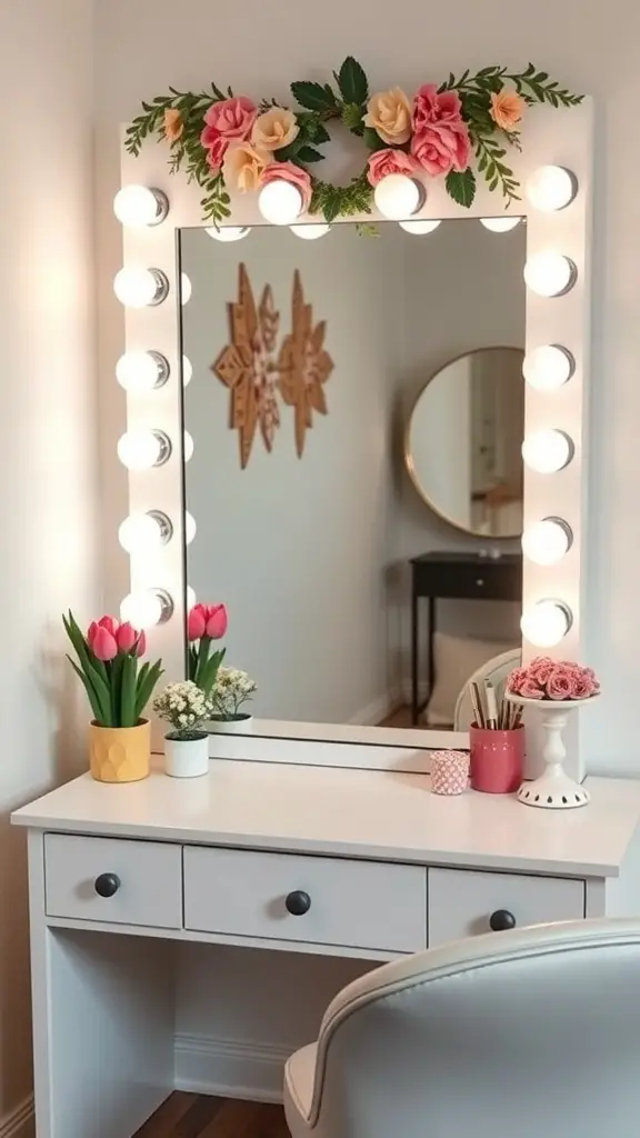 27+ Stylish Vanity Mirror Ideas to Elevate Your Space 11 A stylish vanity mirror with lights and floral decorations.