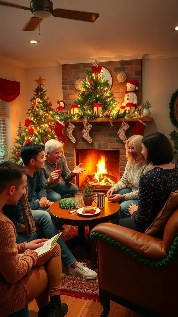 A cozy living room with a fireplace, decorated for Christmas, where a group of people is playing a game together.