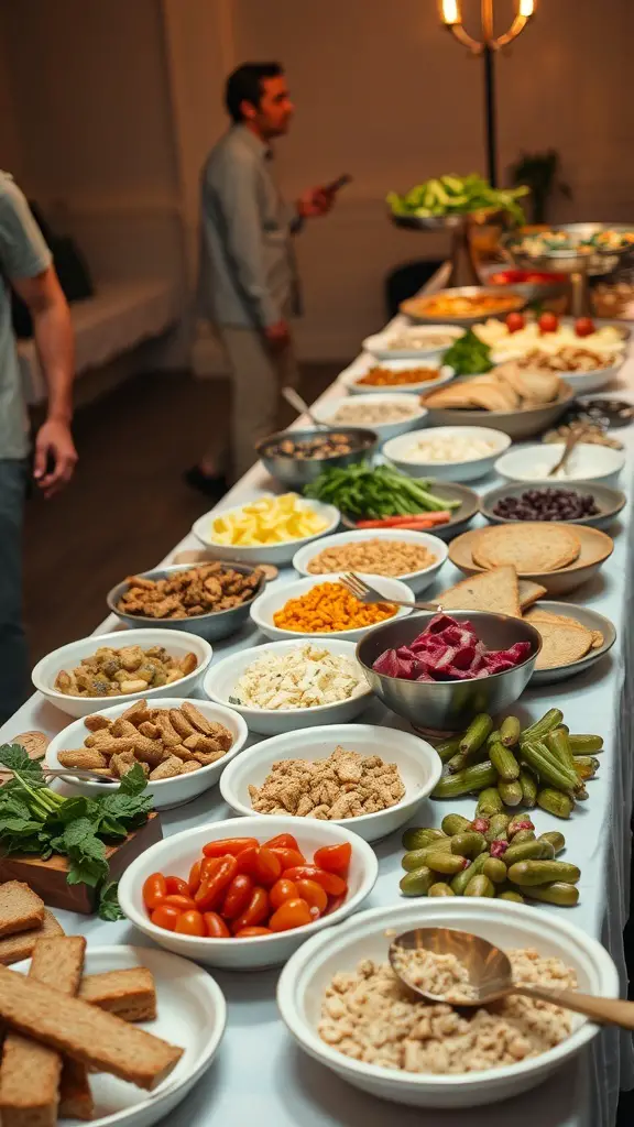 29+ Festive Grazing Table Ideas for a Perfect Christmas Celebration 10 A beautifully arranged grazing table with various bowls of food, including vegetables, snacks, and dips.