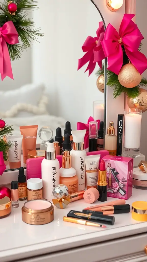 29+ Must-Have Christmas Wishlist Ideas for Everyone 11 A collection of beauty products arranged on a vanity with festive decorations.